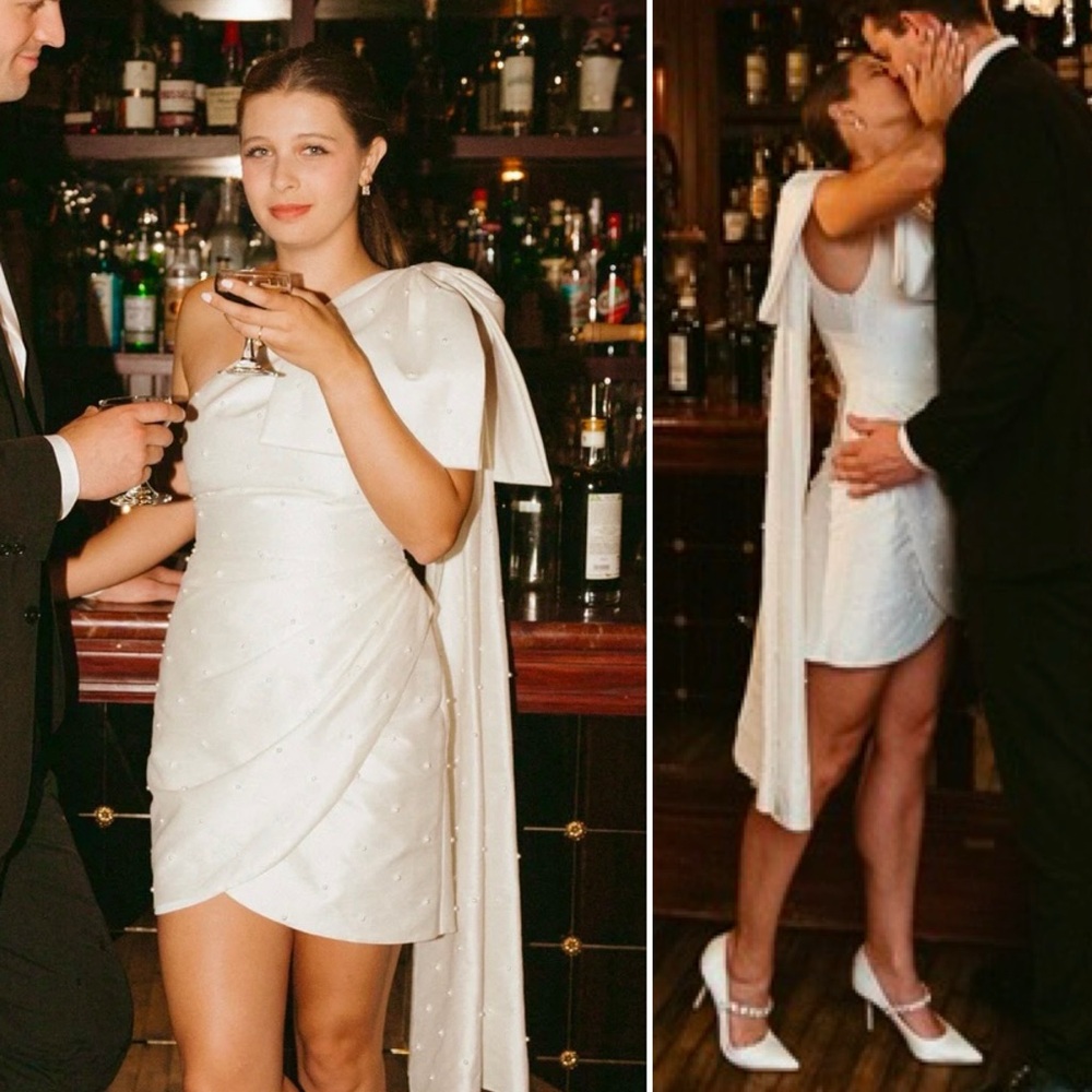 BHLDN Pippa Pearl Bow One Shoulder Mini Dress Bridal Shower Reception 2 XS White - Picture 13 of 15